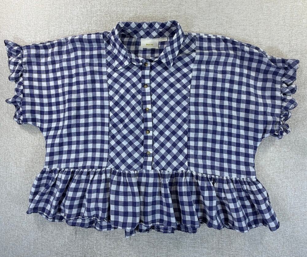 Maeve Women M Blue White Gingham Linen Blend Cropped Short Sleeve Top Preppy